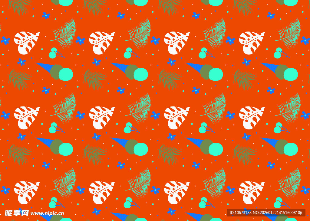 橙色底多彩植物图案纹理