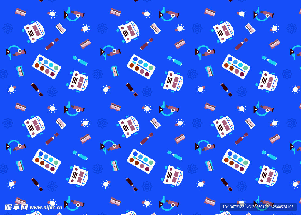 蓝色背景上的多彩小物件图案