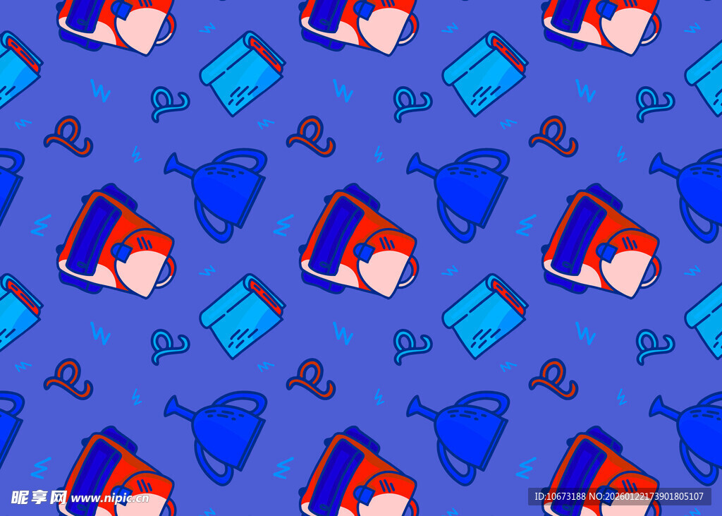 蓝色背景的卡通物品图案