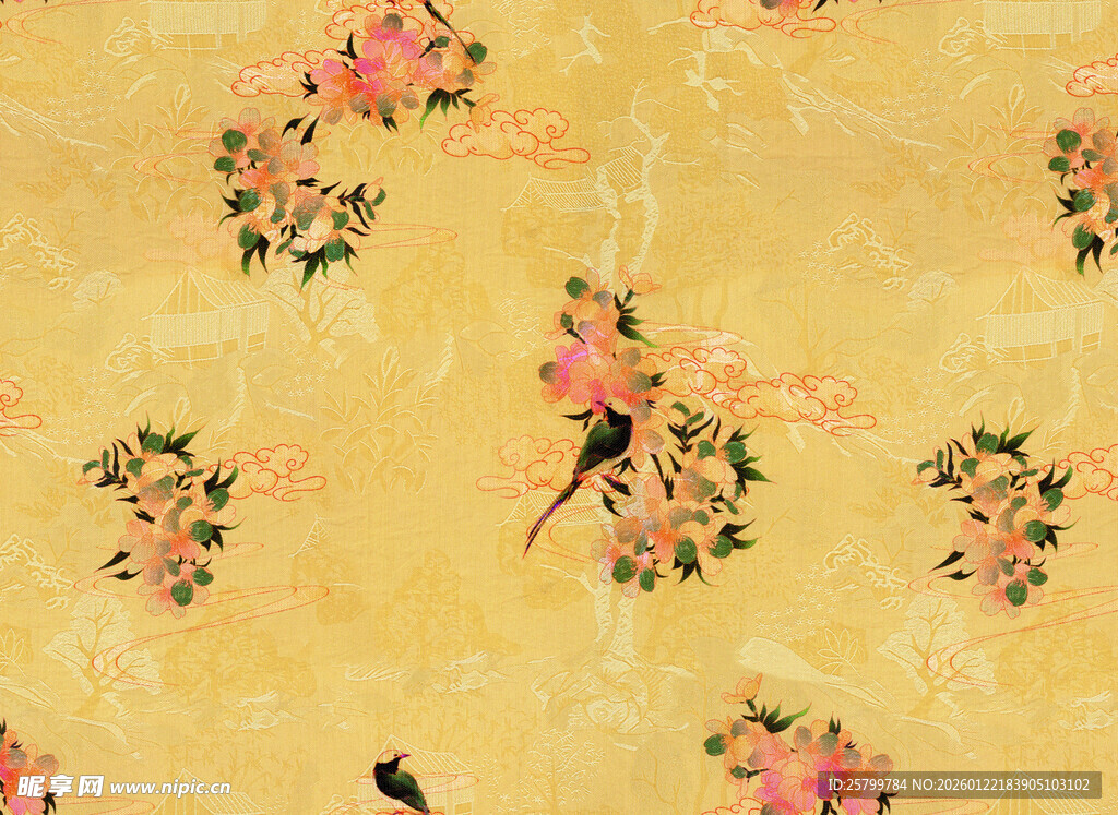 中式花鸟图案黄色背景纹理