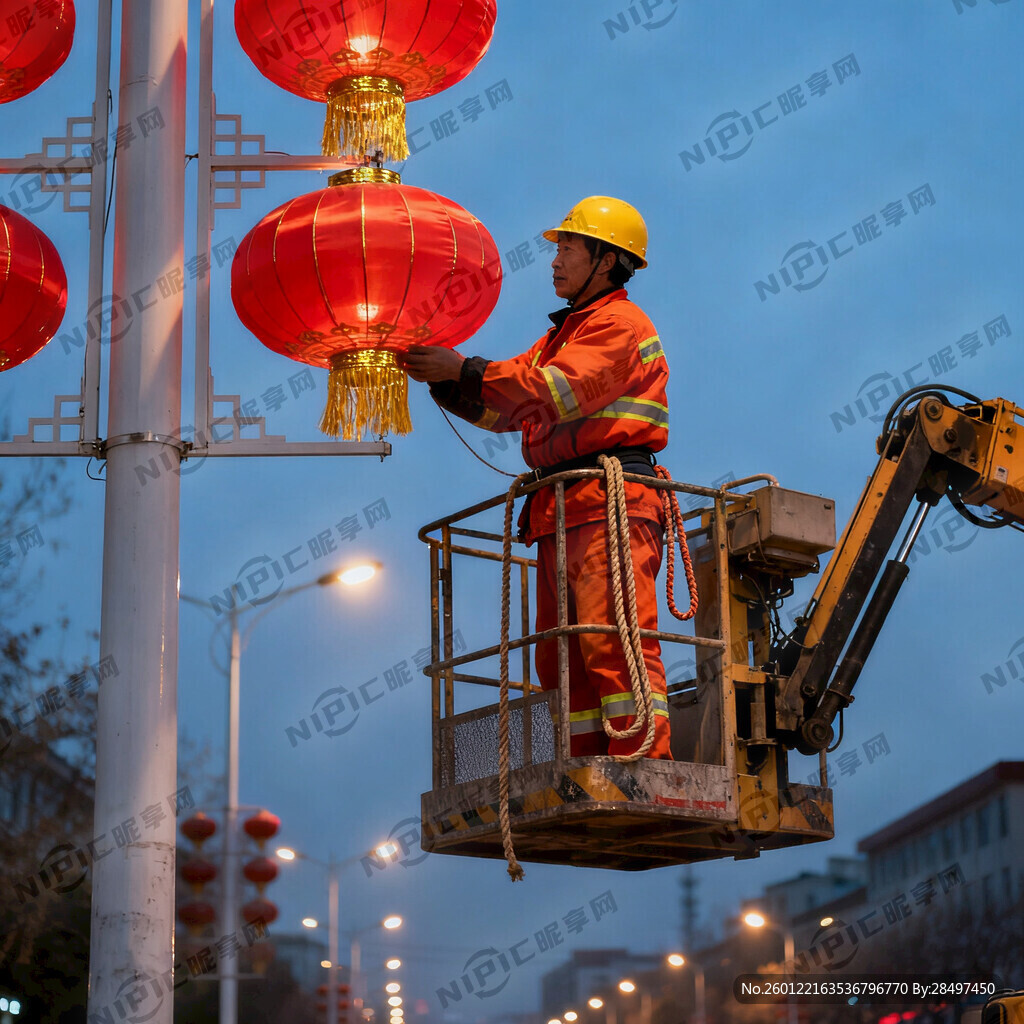 高空作业工人 在悬挂路灯灯笼