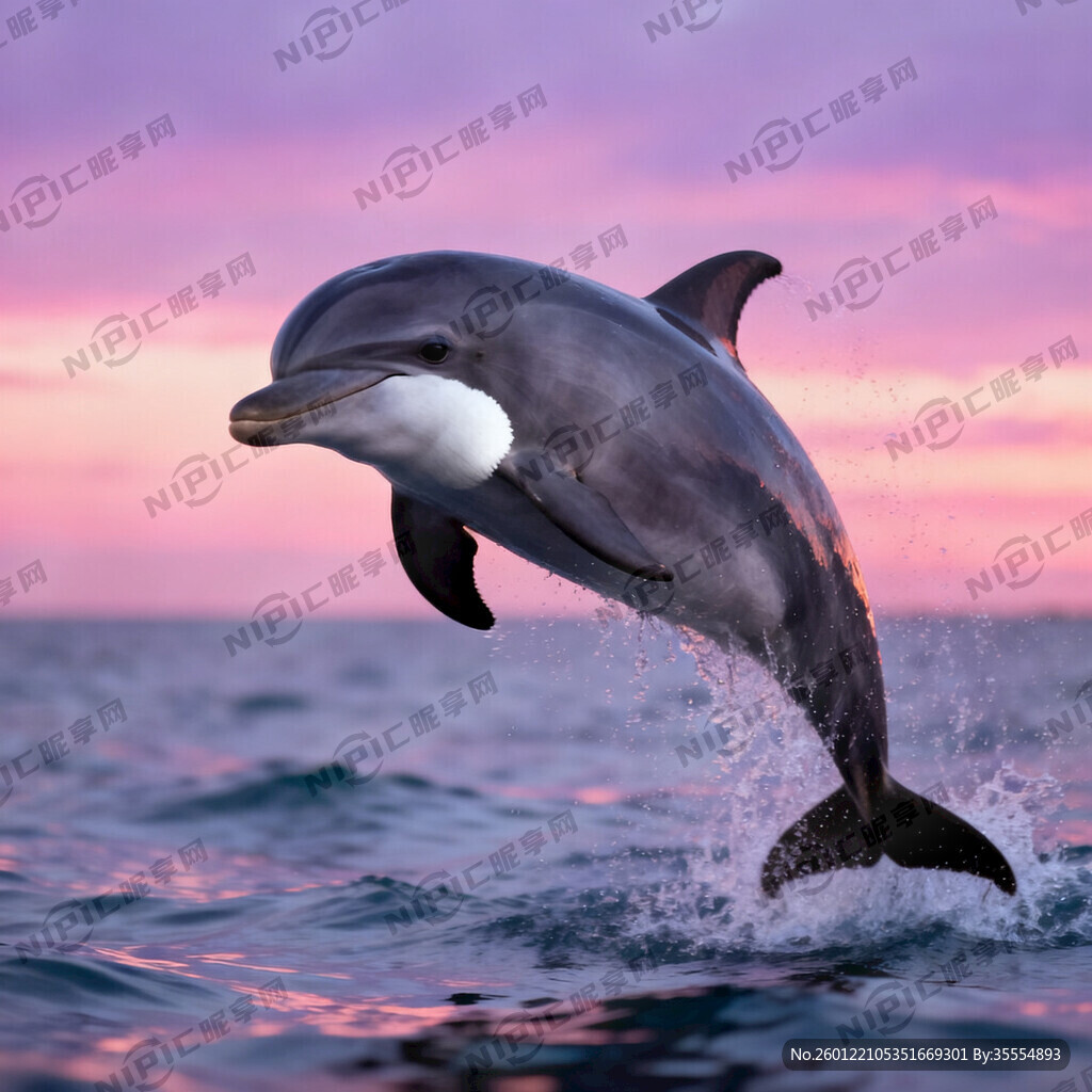 海豚在海面跃起。它胸脯为白色眼