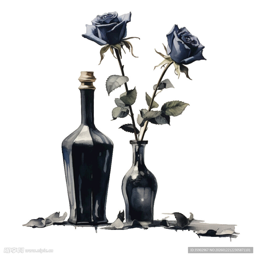 黑玫瑰与复古瓶的优雅组合