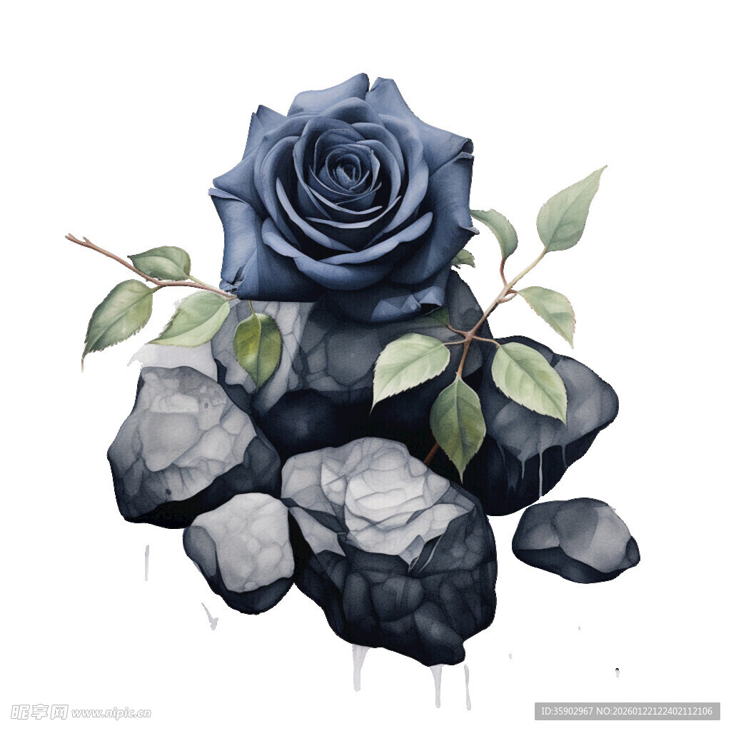 蓝玫瑰与石块的艺术插画
