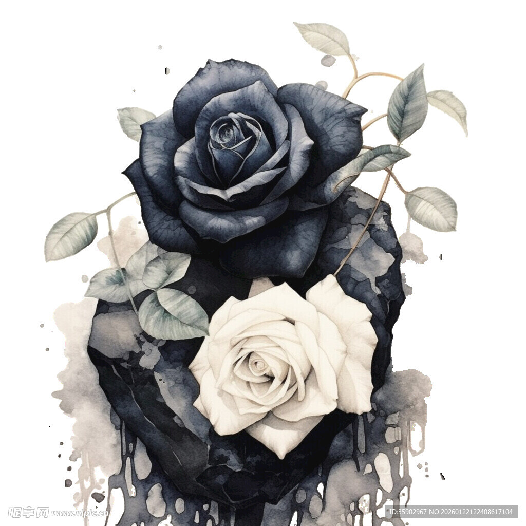 黑白玫瑰水墨风花卉图