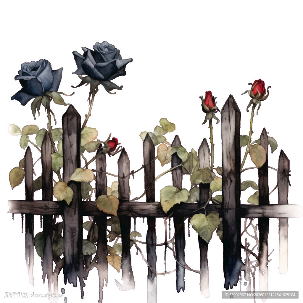 水墨风玫瑰绕栅栏图景