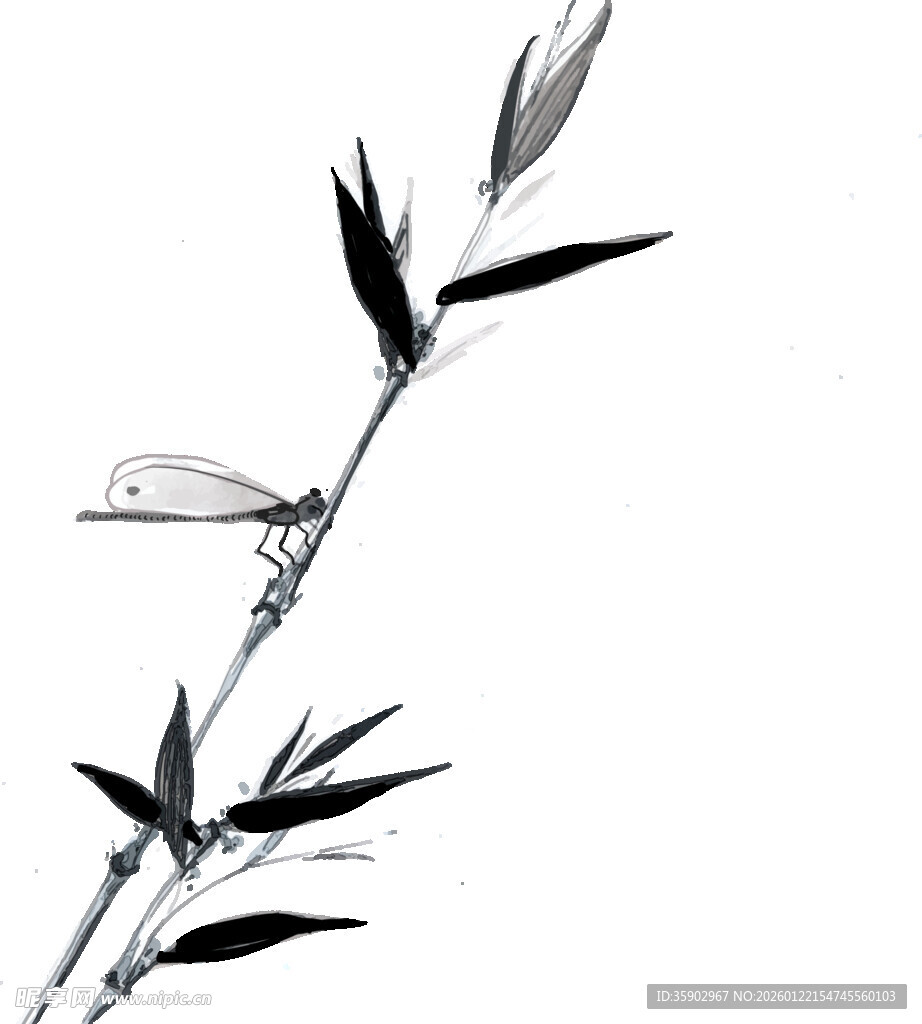 水墨风竹枝上的精致蜻蜓