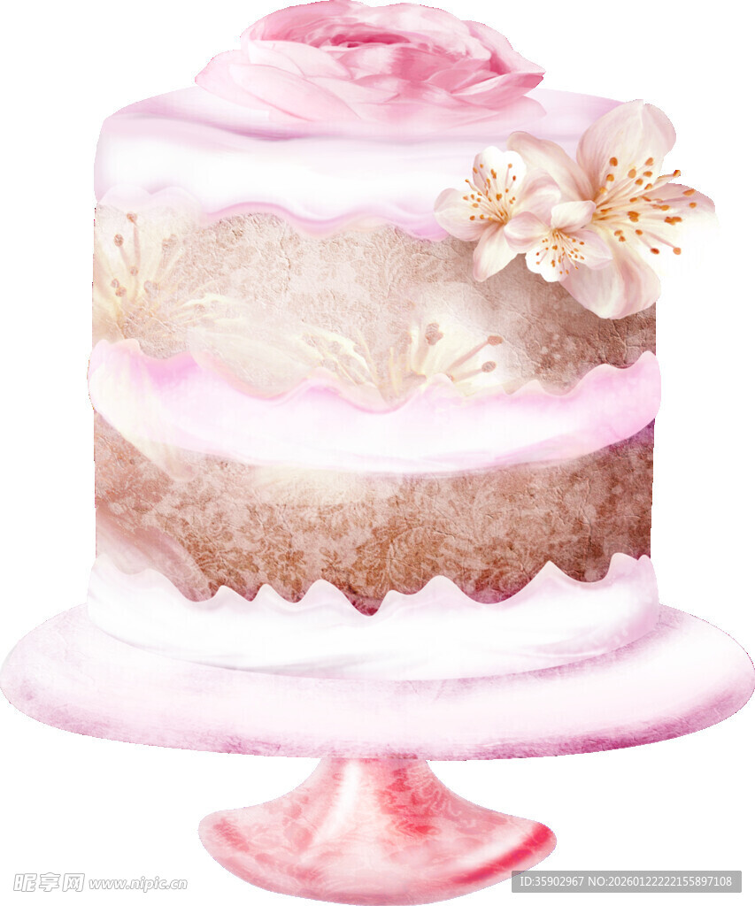 水彩风粉色花卉装饰蛋糕