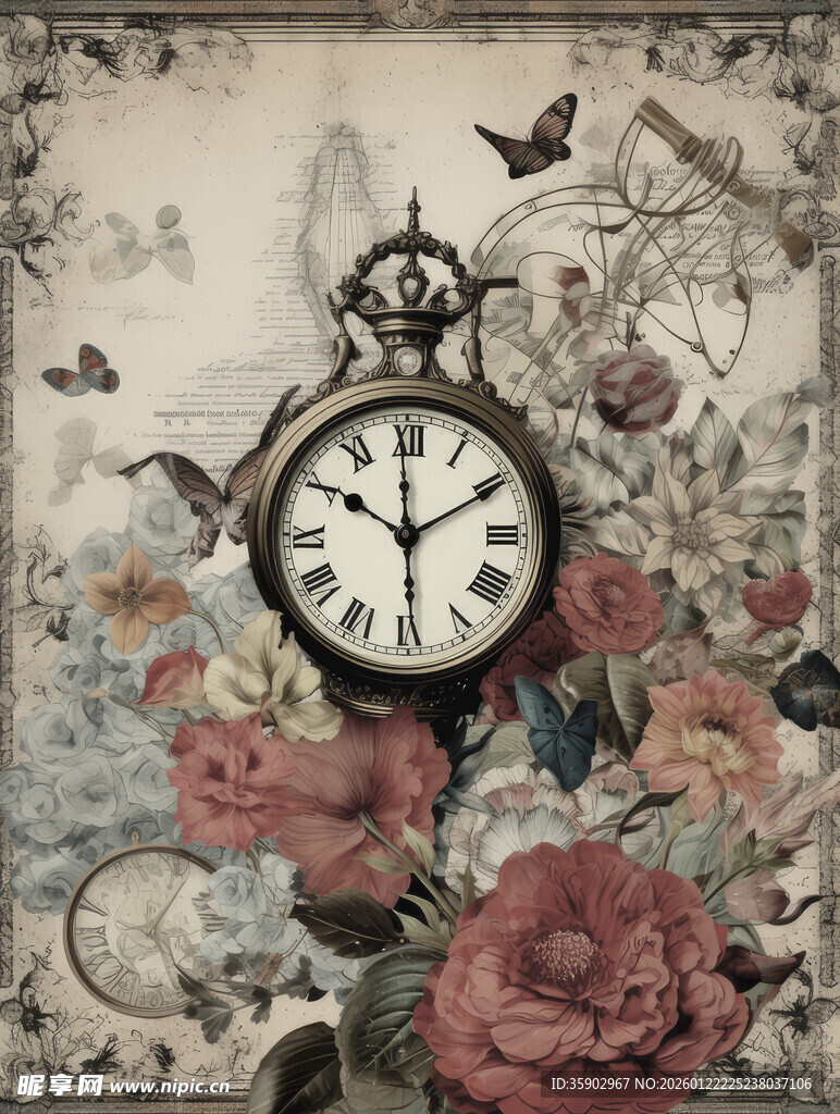 复古花卉怀表艺术插画