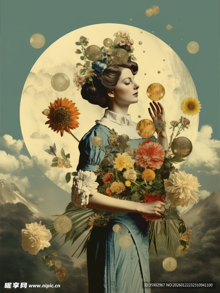 梦幻花仙子持花于月夜