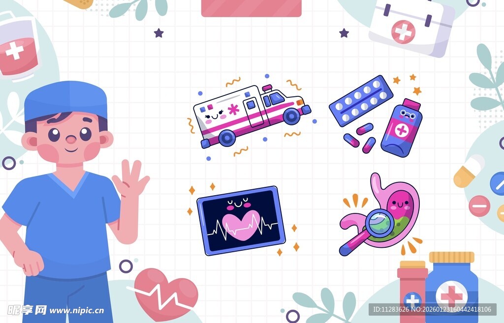 医疗元素与医护形象插画