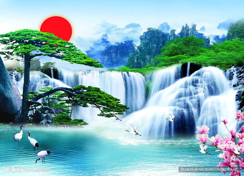 山水瀑布间的诗意美景