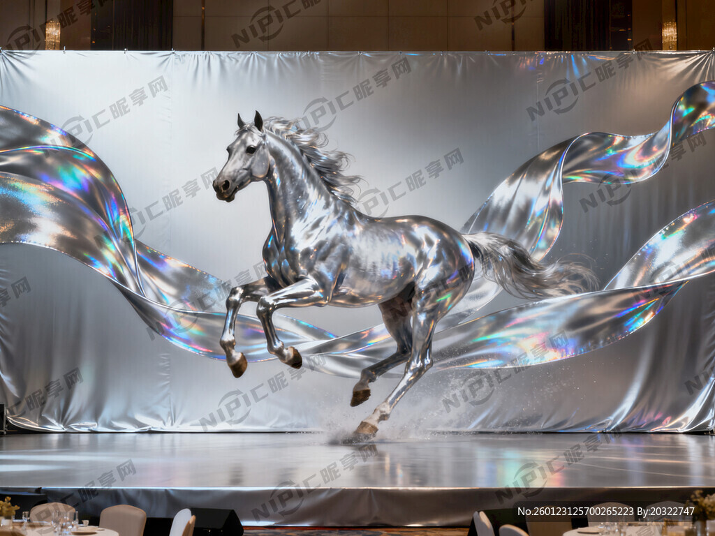 银色系 镭射效果 马和飘带元素