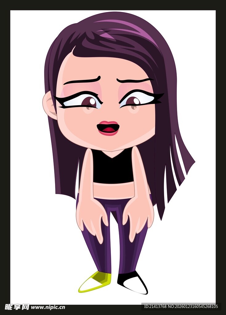 紫色头发卡通女孩俏皮模样