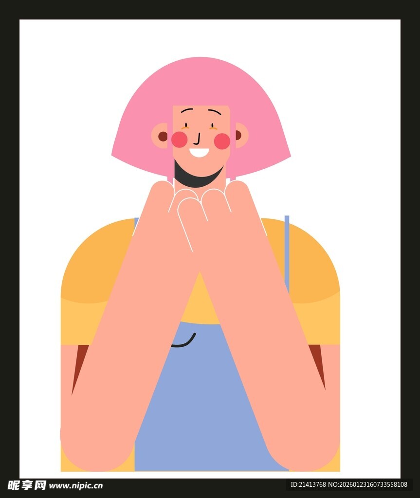 粉色短发女孩双手托脸