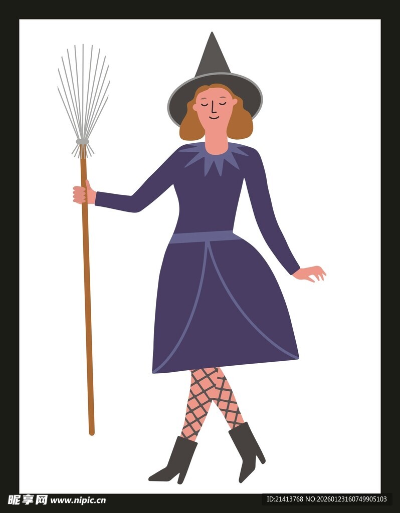 女巫手持扫帚的奇幻形象