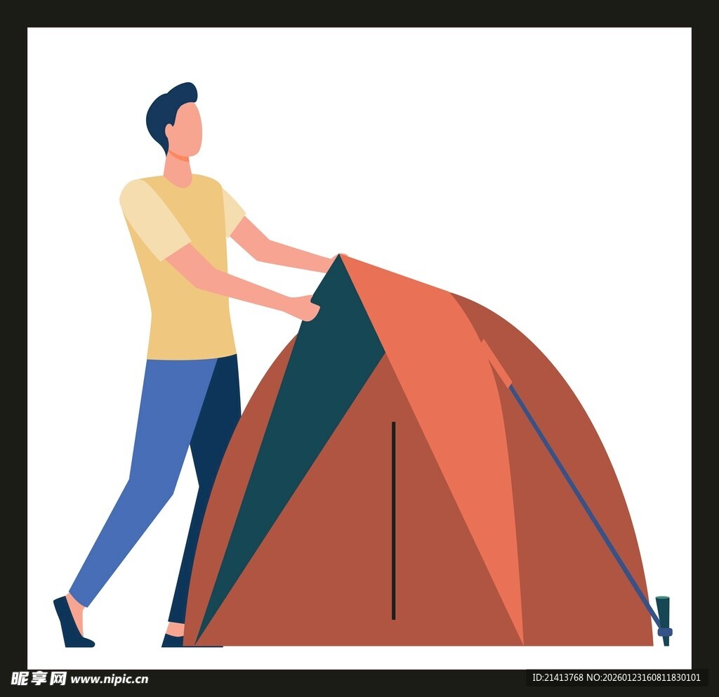 男子搭建橙色户外帐篷