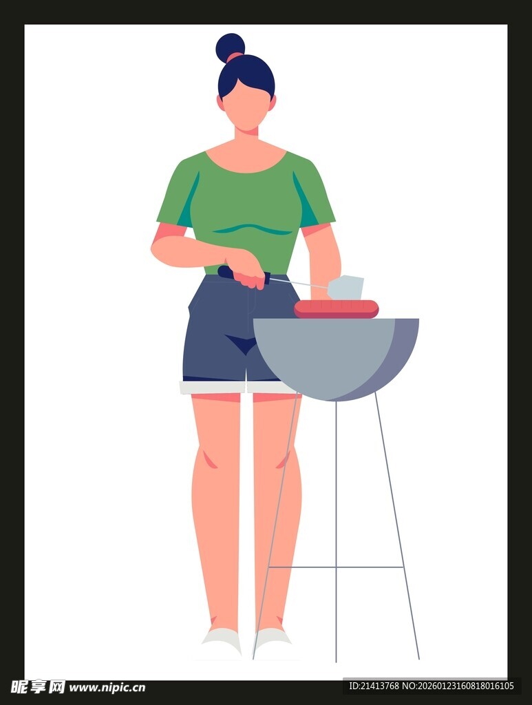 女子专注户外烧烤