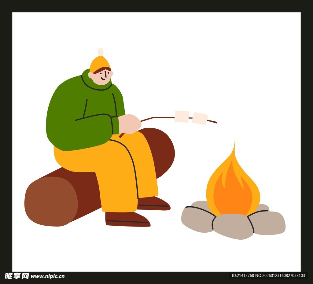 男子篝火旁惬意钓鱼