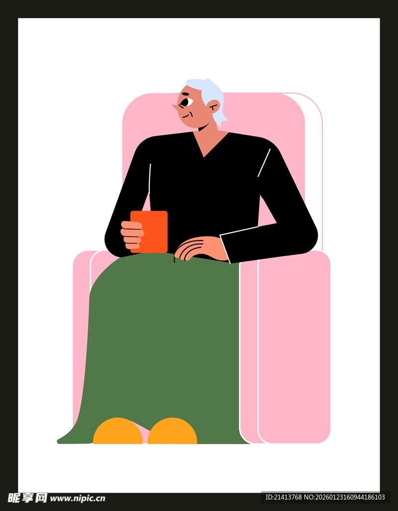 老人舒适坐沙发喝咖啡