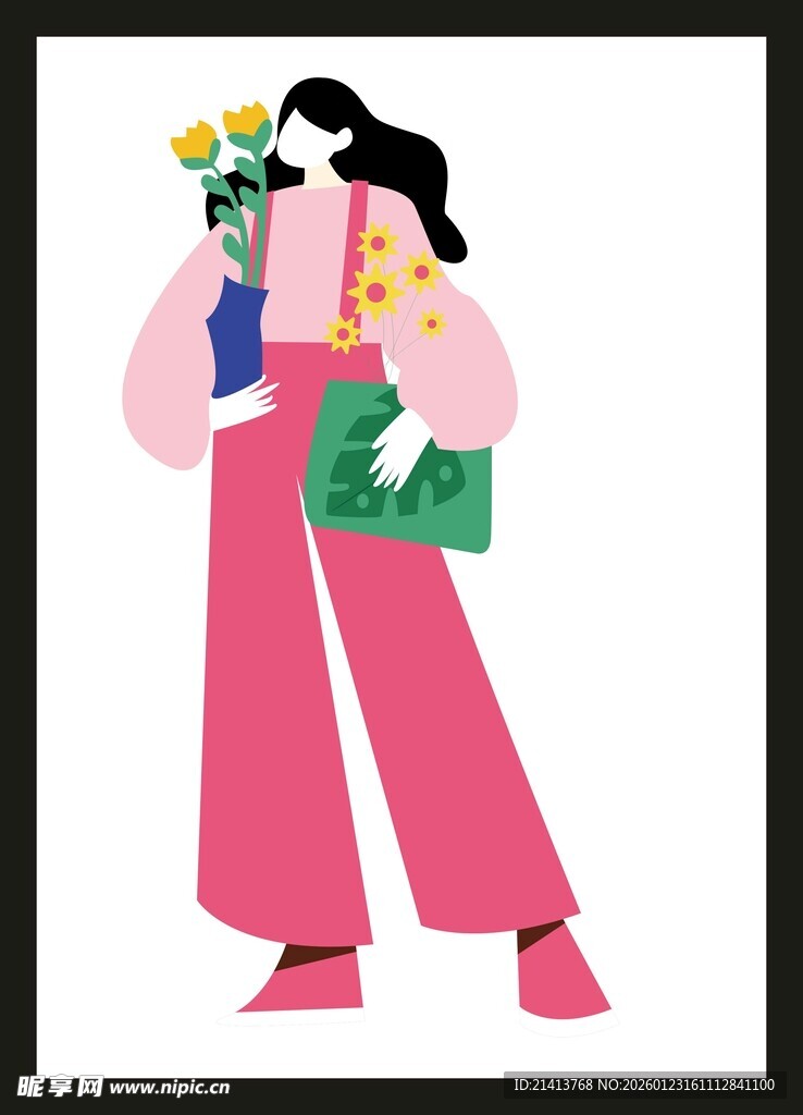 时尚女孩手持花与购物袋