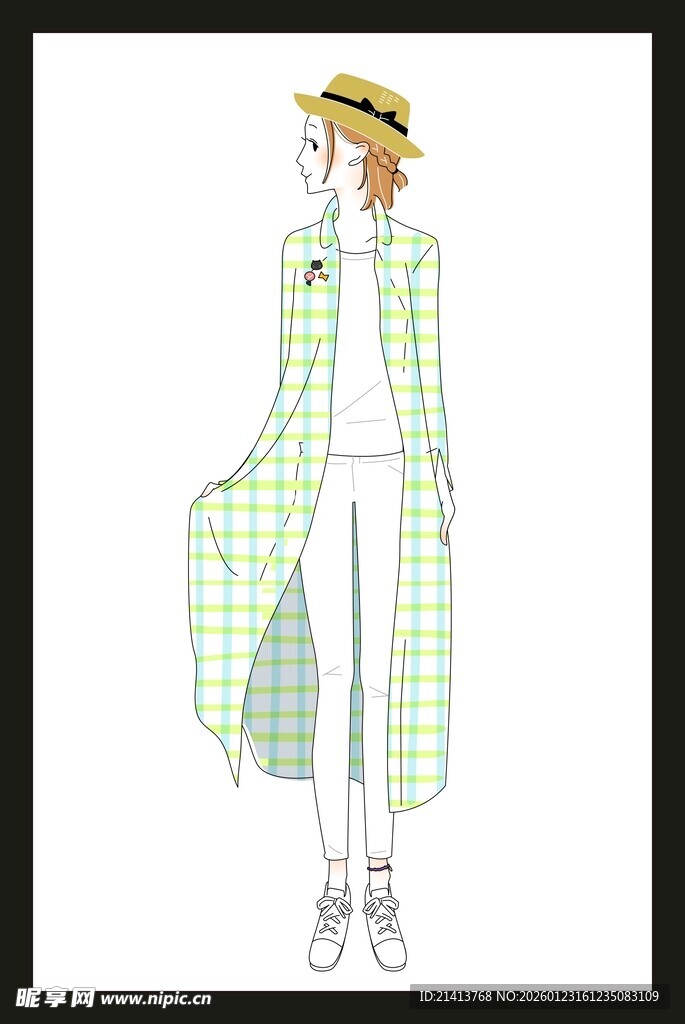 格子长款外套时尚插画