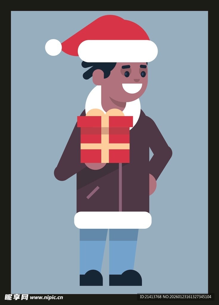 戴圣诞帽持礼物的男子