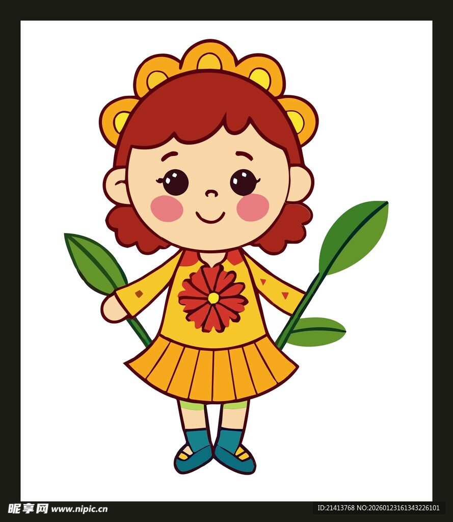 手持绿叶的可爱花裙女孩