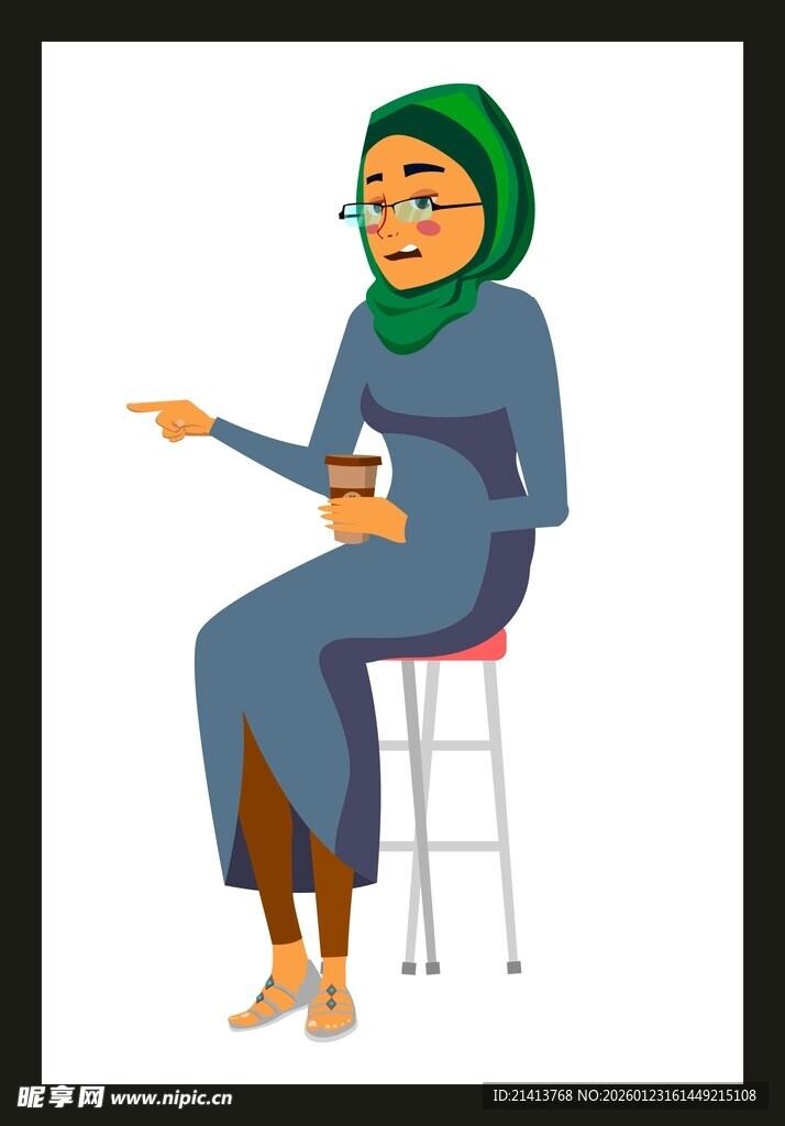 戴头巾女子坐凳手持手机