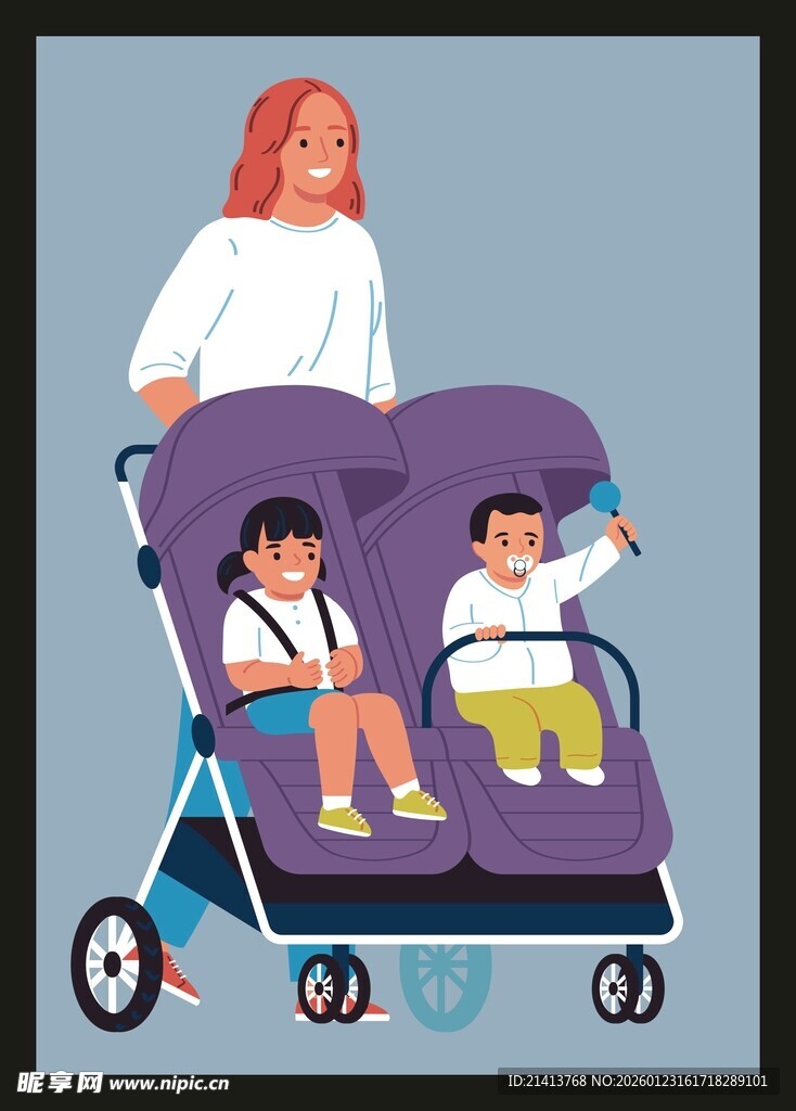 妈妈推双胞胎婴儿车出行