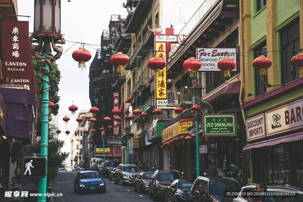 唐人街街景 红灯笼高高挂