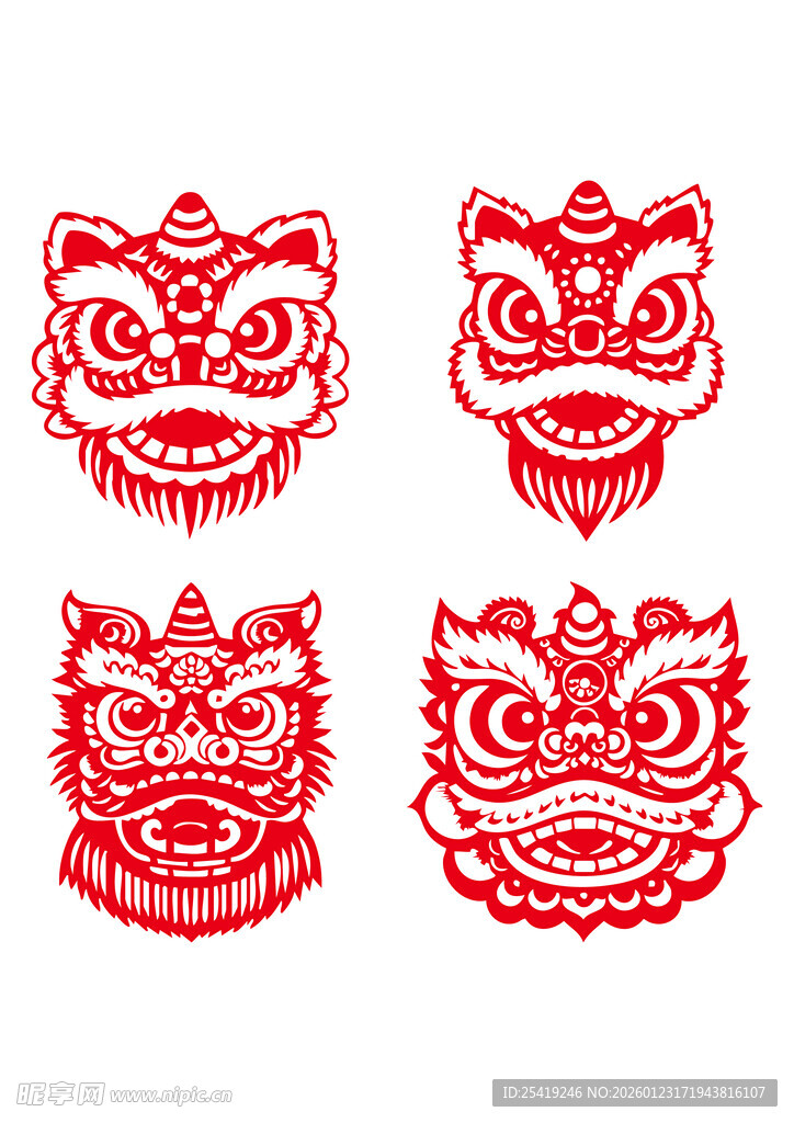 传统红色剪纸狮子头图案