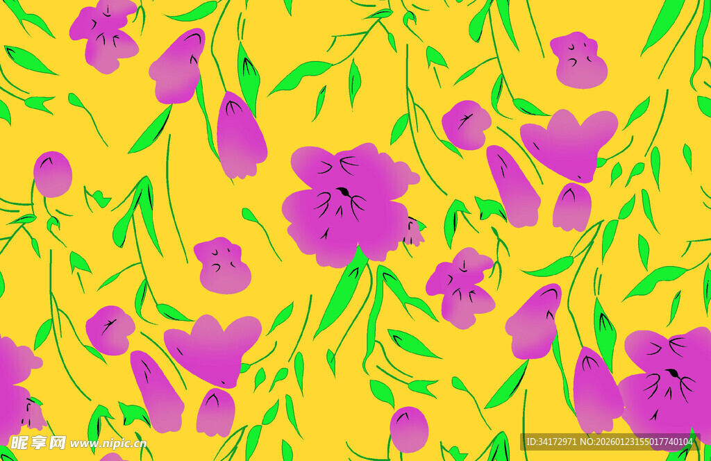 黄色背景紫色花朵图案