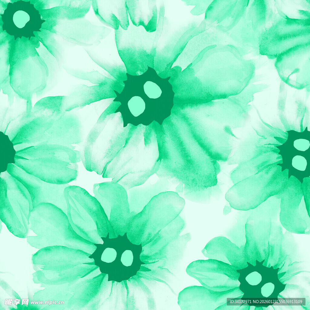 清新绿调花卉无缝图案