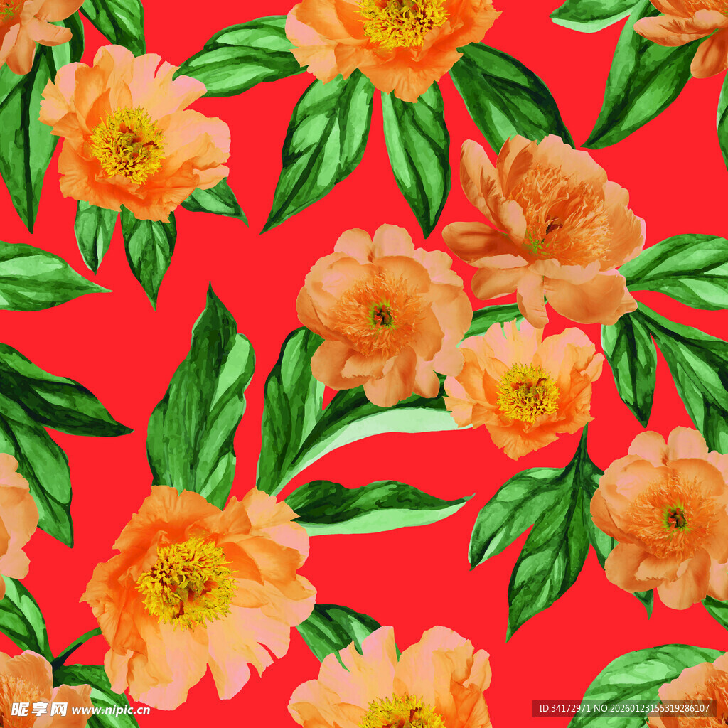 红色背景花卉图案