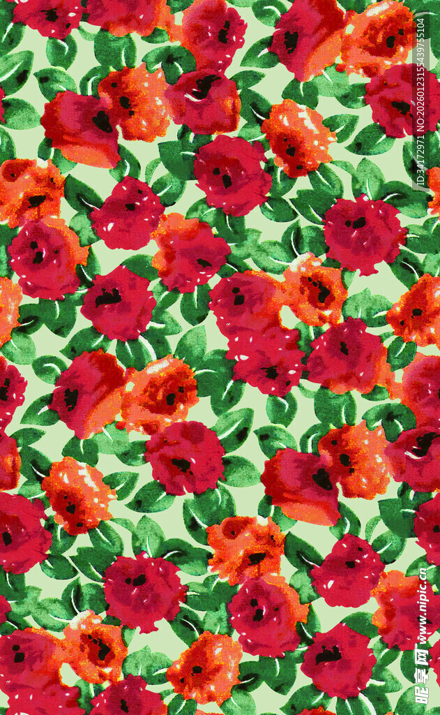 红色花卉绿叶图案背景