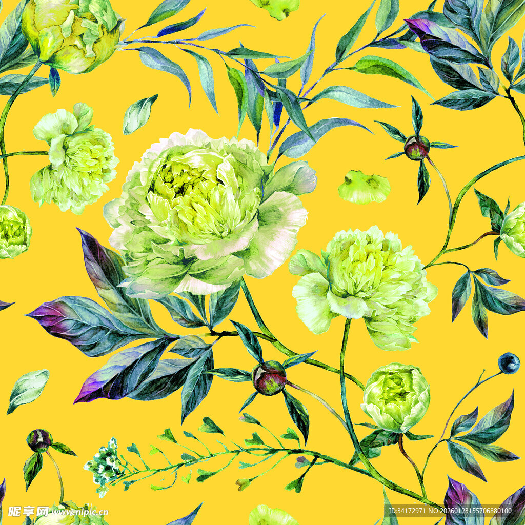 黄色背景绿牡丹花卉图案