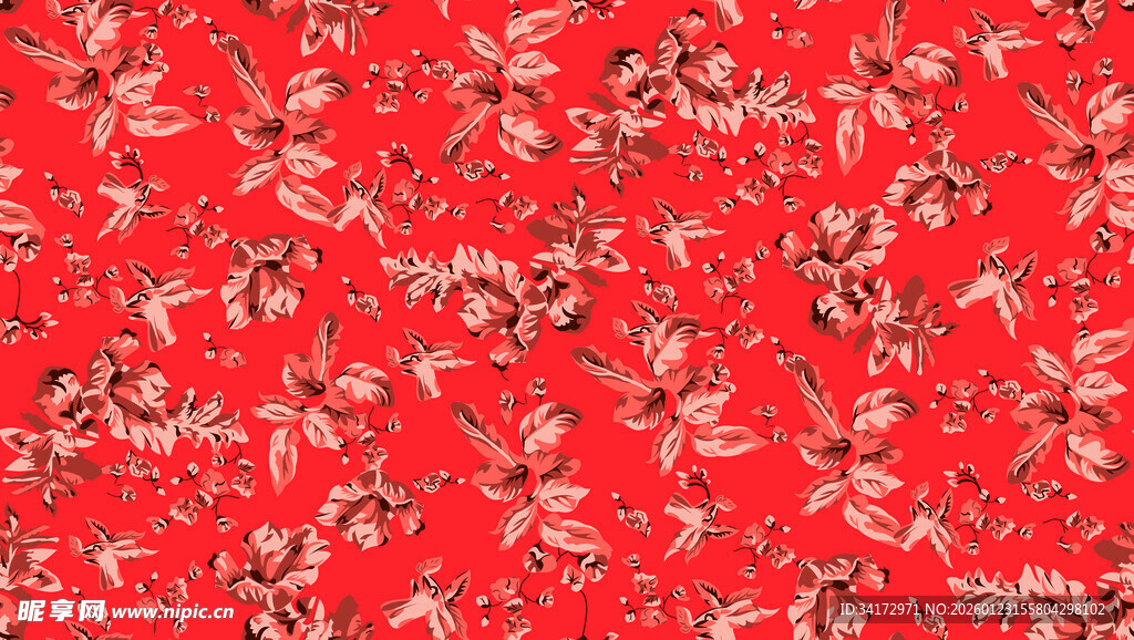 红色花卉图案布料纹理