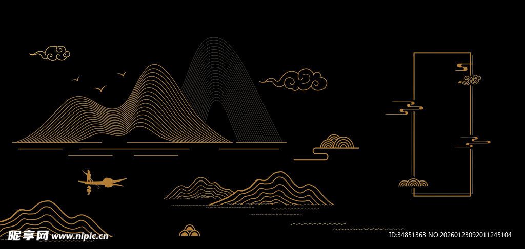 黑金山水插画意境画面
