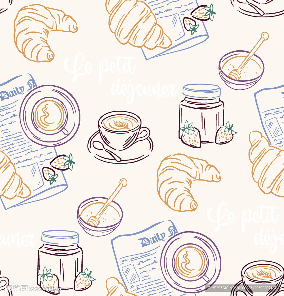 手绘早餐美食无缝图案