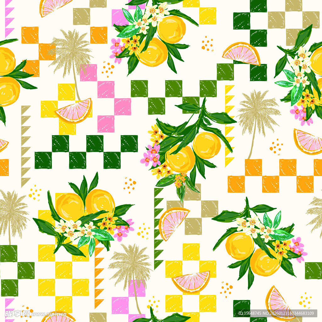 柠檬花卉格子图案背景