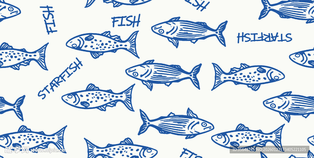 蓝色鱼群无缝图案背景