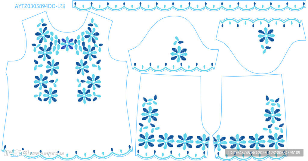 蓝白花卉图案服装款式图