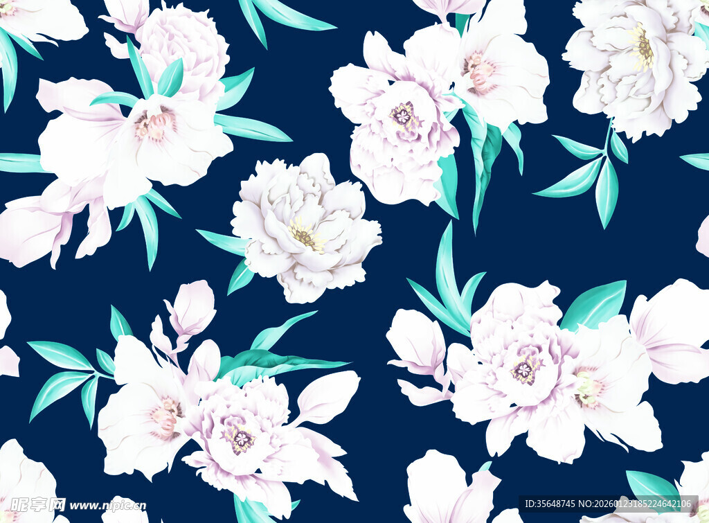 深蓝底白花牡丹花卉图案