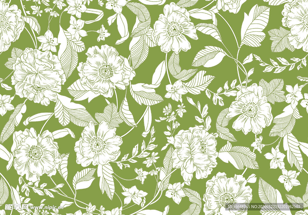 绿色底白色花卉图案纹理