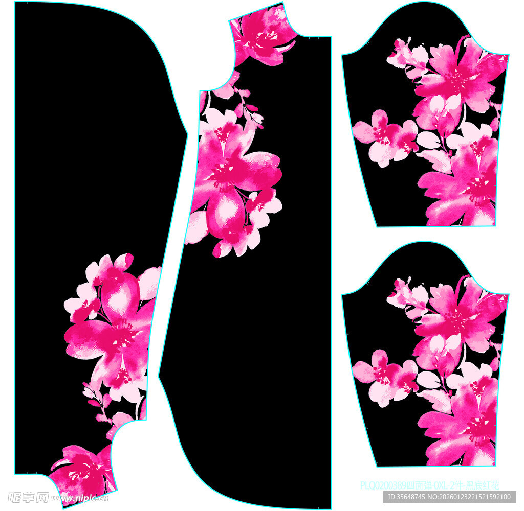 黑色底粉色花卉服饰图案