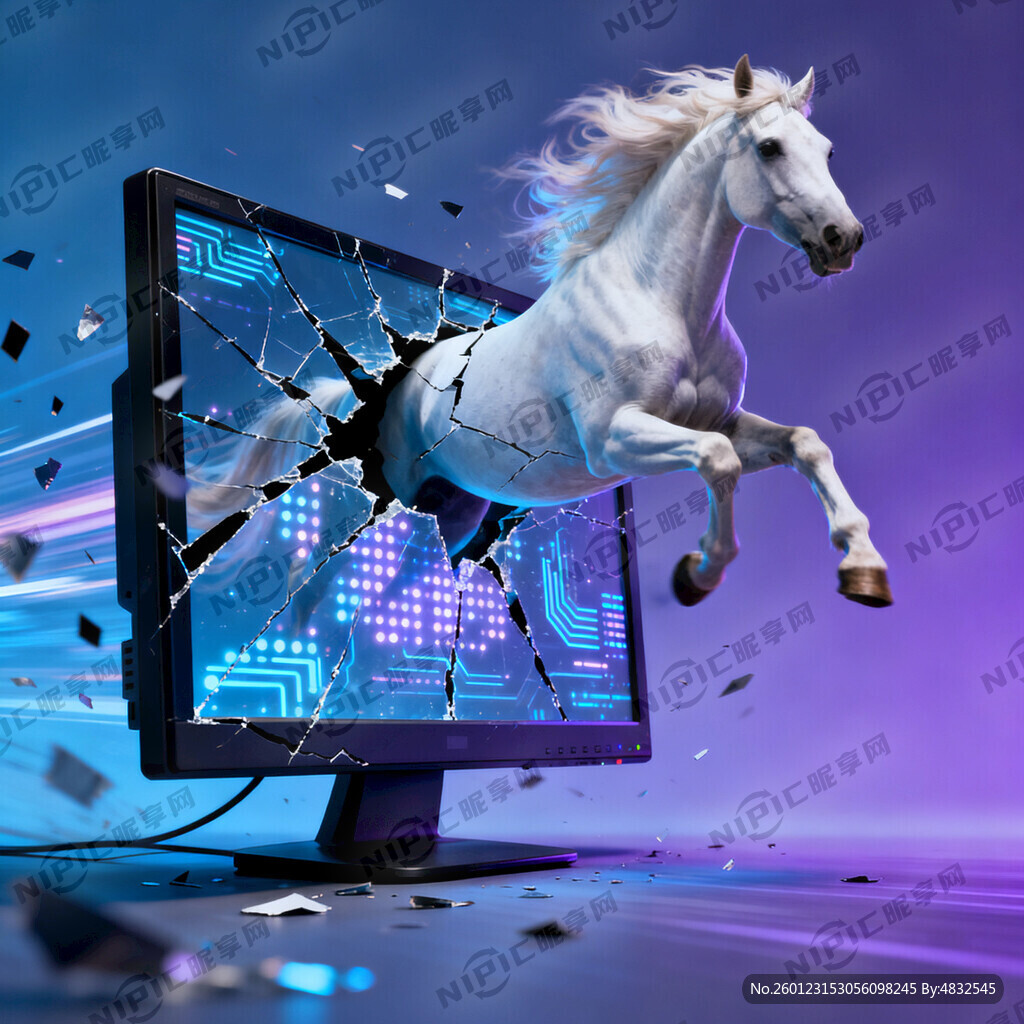 从显示器里腾空飞跃而出的马
