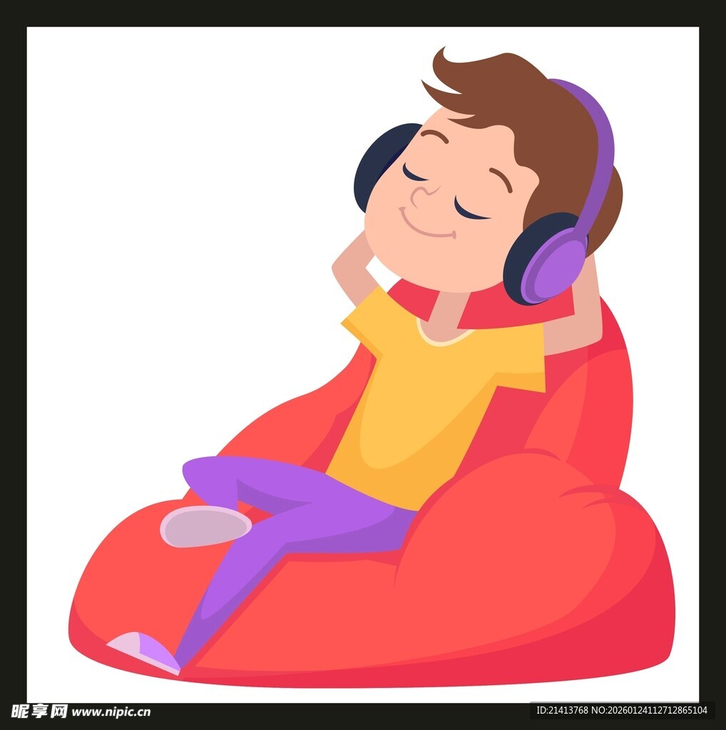 男孩惬意地戴着耳机听音乐