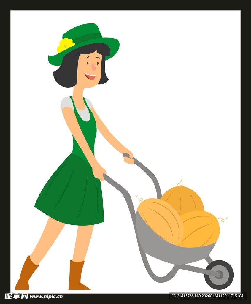 推独轮车的绿衣女士