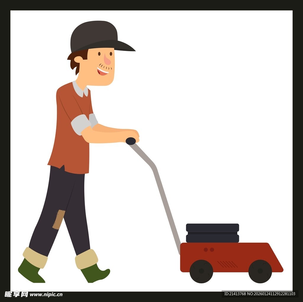 男子推割草机进行草坪作业